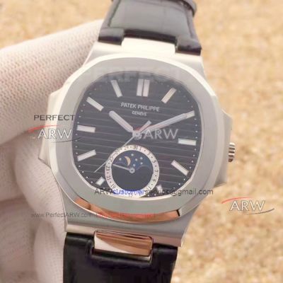 Perfect Replica Patek Philippe Moonphase Nautilus Watch - Black Dial Black Leather Strap